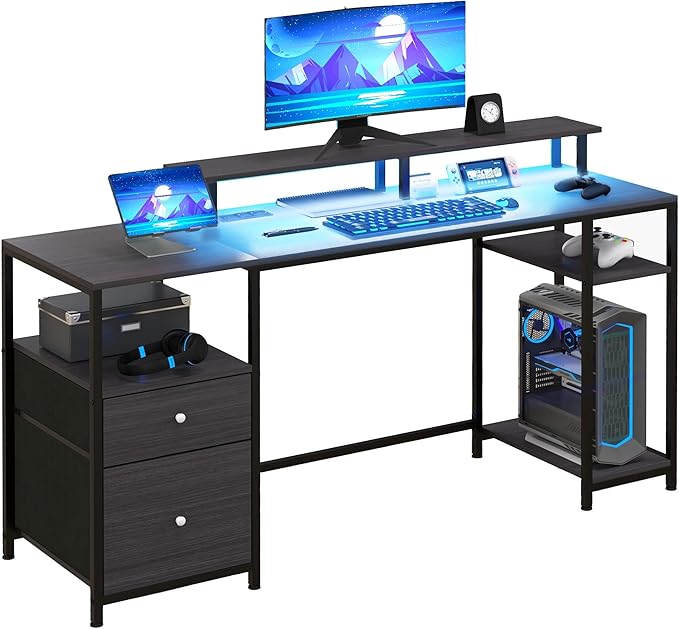 61 Computer Desk with LED Lights Power Outlets and USB Ports Gaming Desk with Storage Shelves Monitor Stand Fabric Drawers Remote for Home Office Study Distressed Black
