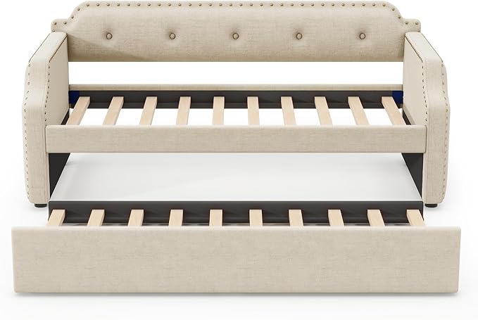 Flieks Twin Upholstered Daybed Linen Fabric Upholstered Tufted Sofa Bed with TrundleSofa Bed Trundle Daybed with Wood Frame(Beige)