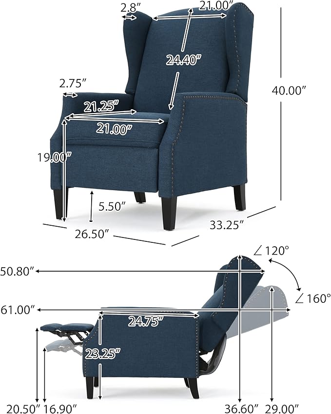 GDFStudio Christopher Knight Home Wescott Traditional Fabric Recliner Navy Blue