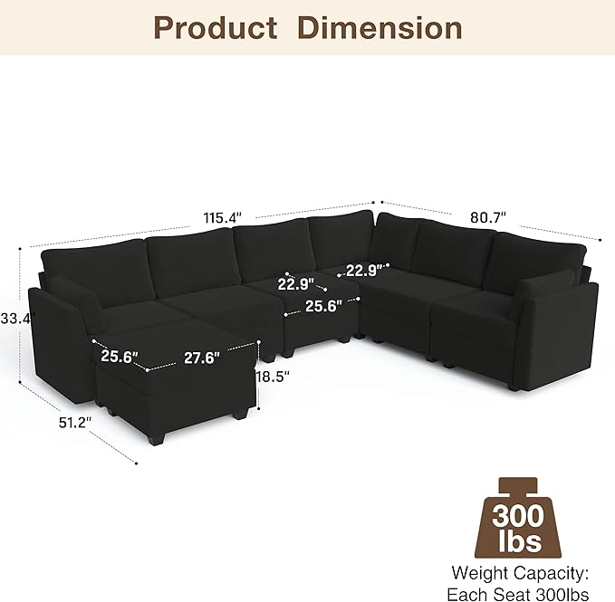 Modular Sectional Sofa Couches Large Convertible Modular Couches with Storage 7-Seater Sectional Sofa for Living Room U Shaped Sectional Couch Sleeper Sofa with Chaise (Black 7 Seats)