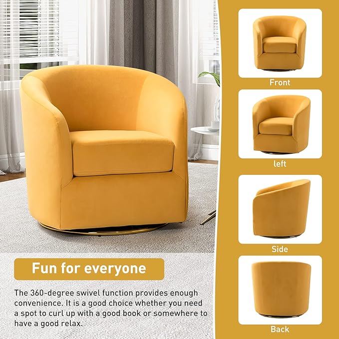 HULALA HOME Swivel Accent Chair with Gold Metal Base Contemporary Velvet Curved Swivel Barrel Chair Upholstered Club Armchair Leisure Single Sofa for Living Room Nursery Bedroom(Mustard)