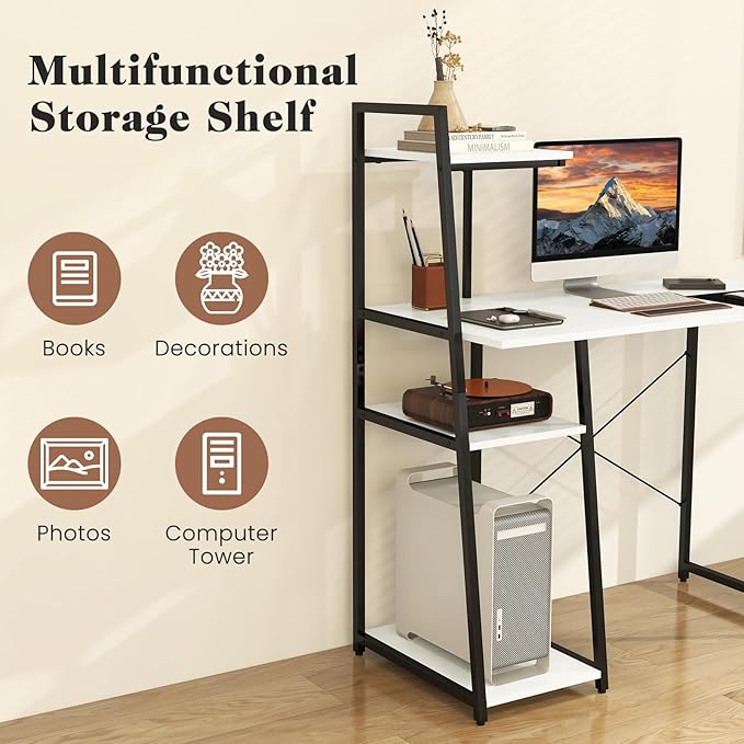 Tangkula Computer Desk with Shelves Space Saving Home Office Desk with 3-Tier Ladder Shaped Storage Bookshelf Modern Writing Study Desk with Metal Frame Compact Computer Workstation (White)