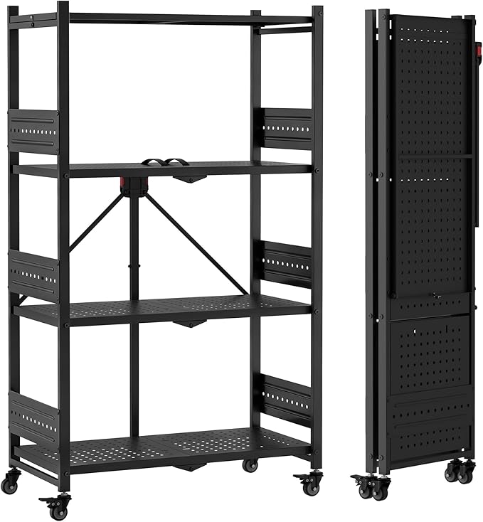 WORKPRO 4-Tier Folding Shelf No-Assembly Metal Storage Rack with Wheels 600 lbs Capacity (with Leveling Feet) Collapsible Shelving Unit for Kitchen Pantry Bathroom &amp Closet Organization