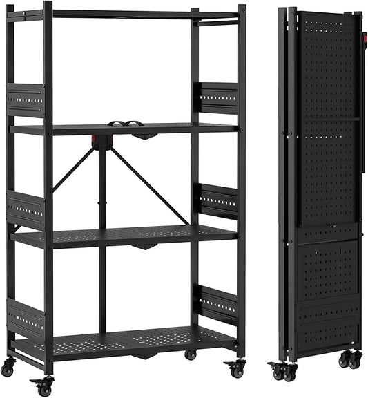 WORKPRO 4-Tier Folding Shelf No-Assembly Metal Storage Rack with Wheels 600 lbs Capacity (with Leveling Feet) Collapsible Shelving Unit for Kitchen Pantry Bathroom &amp Closet Organization