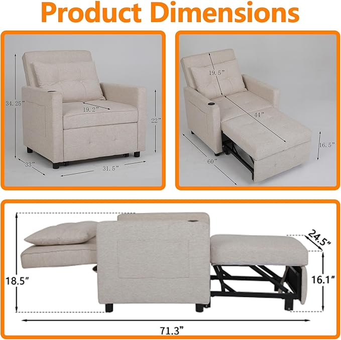 3 in 1 Boucher with Pull-Out Sofa Convertible Lazy Sleep Armrest Sofa Chair with Storage Pockets and Adjustable Backrest Comfortable Folding Seat Bed Bedroom Bed (Dark Grey) (Beige)