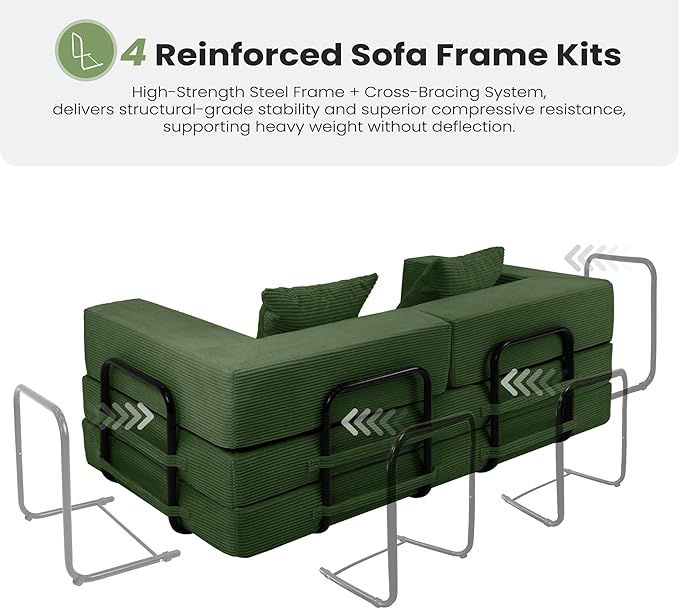 5‑in‑1 Futon Sofa Bed Queen– Floor Foldable Convertible Sofa Couch with L‑Shaped Armrests Removable Cover Green Convertible Guest Bed | Space‑Saving Fold‑Out Mattress Lounge for Living Room/Bedroom