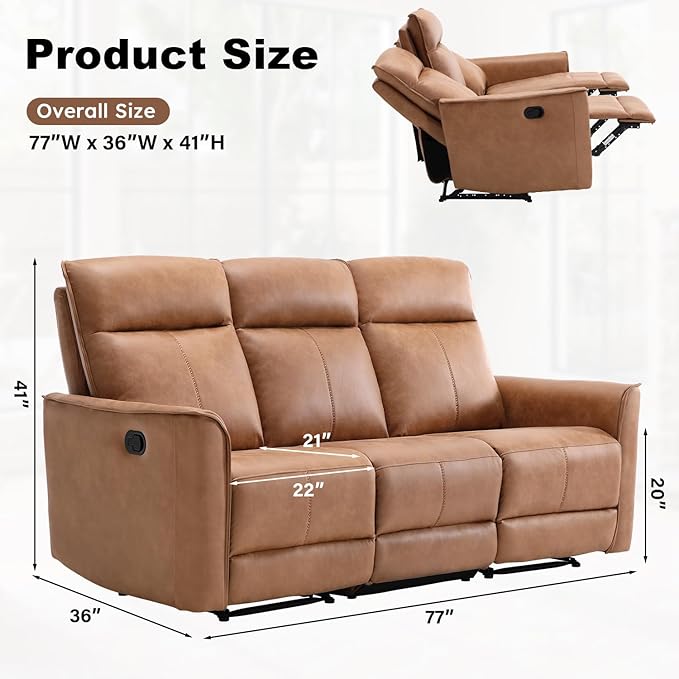 CANMOV Manual Loveseat Recliner Sofa Wall-Hugger 3 Seat Reclining Love Seat Couches Leathaire Reclining Sofa Set 3-Seater Recliner Chair for Living Room Office Apartment Brown