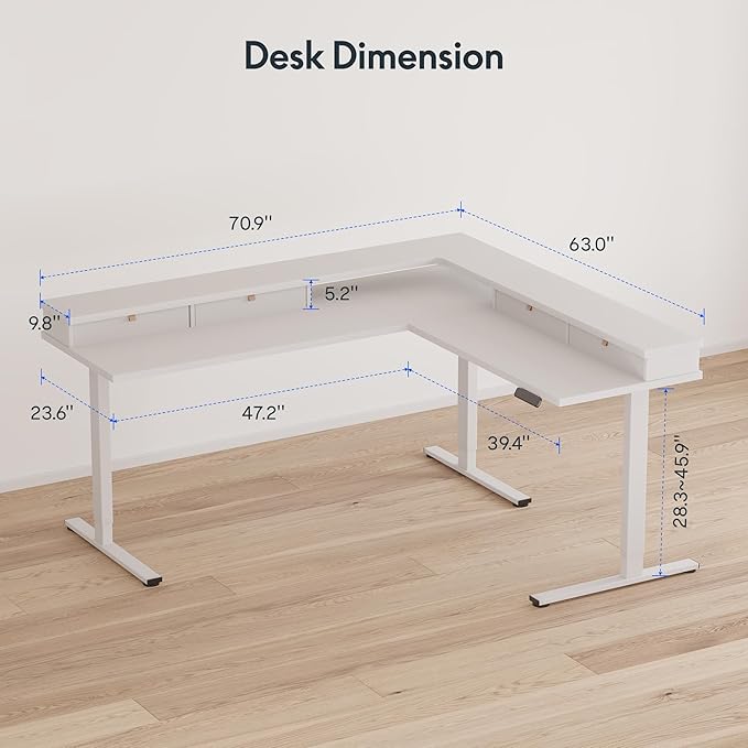 FLEXISPOT 71 Large L Shaped Standing Desk Electric Corner Table with Shelf 4 Storage Drawers Adjustable Computer Workstation for Home Office Game Studio White Top + White Frame