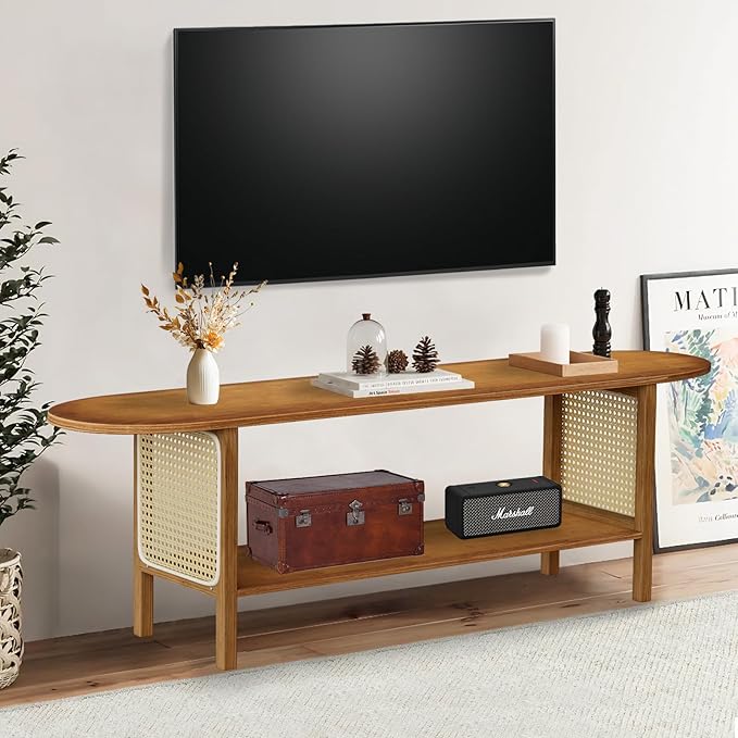 Bamboo TV Stand for TVs up to 65 Accent Entertainment Center with Storage Media Console Table with Rattan Modern TV Stand for Living Room Bedroom 55(L) Walnut