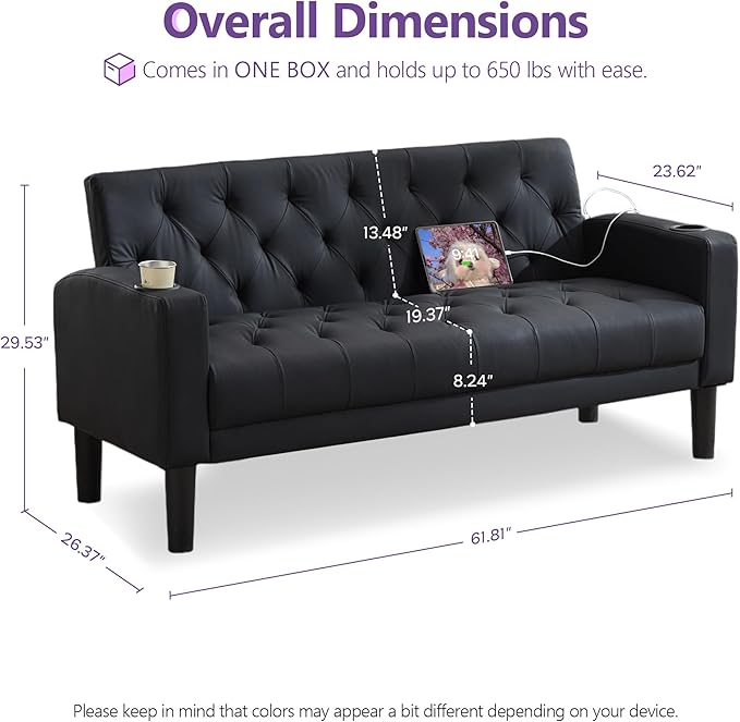 TYBOATLE 62 W Loveseat Sofa w/ 2 USB Charger Ports and 2 Cupholders Mid-Century Modern Tufted Black Leather Small Love Seat Couches for Compact Living Room Office Bedroom Apartment Dorm
