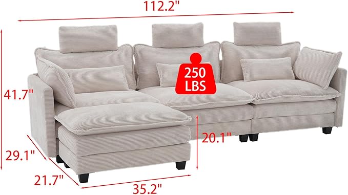 FUFU&ampGAGA 112” L Shaped Sectional Couch with Ottoman for Living Room Corduroy Cloud Sofa with Headrest &amp Pillows Modern Deep Seat Sofa Couch Assembly Required Beige 112.2”W x 50.8”D x 41.