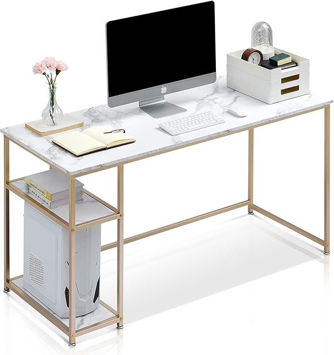 ivinta Computer Desk Home Office Desk with Storage Shelves for Living Room Bedroom Office Whale-ML55 (White and Gold 55)