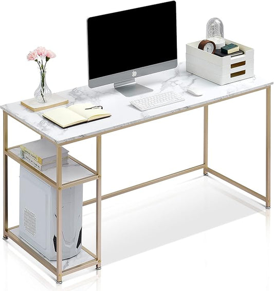 ivinta Computer Desk Home Office Desk with Storage Shelves for Living Room Bedroom Office Whale-ML55 (White and Gold 55)