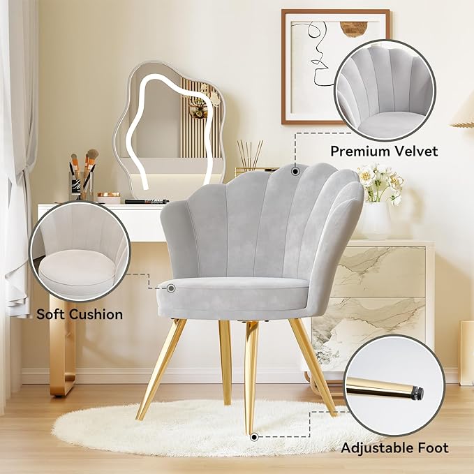 Velvet Accent Chair with Gold Metal Legs Vanity Chair for Makeup Room Upholstered Guest Chair for Living Room for Bedroom Grey