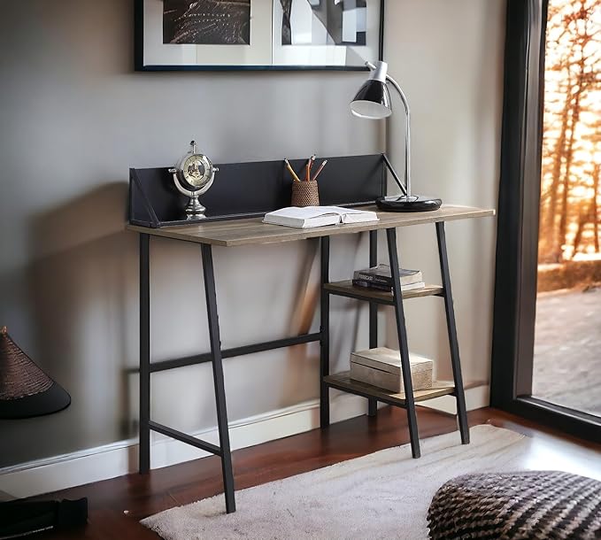 Penau Rustic Oak Writing Desk with Black Finished Legs 2-Tier Shelf Smartphone Holder Modern Design for Home Office