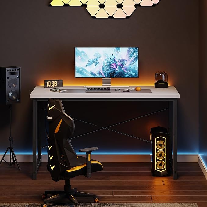 NEWBULIG 47.2” Computer Desk White Office Writing Desks Compact Study Table Student Bedroom Home Work PC Workstations with Metal Frame Wood Tabletop Small Spaces