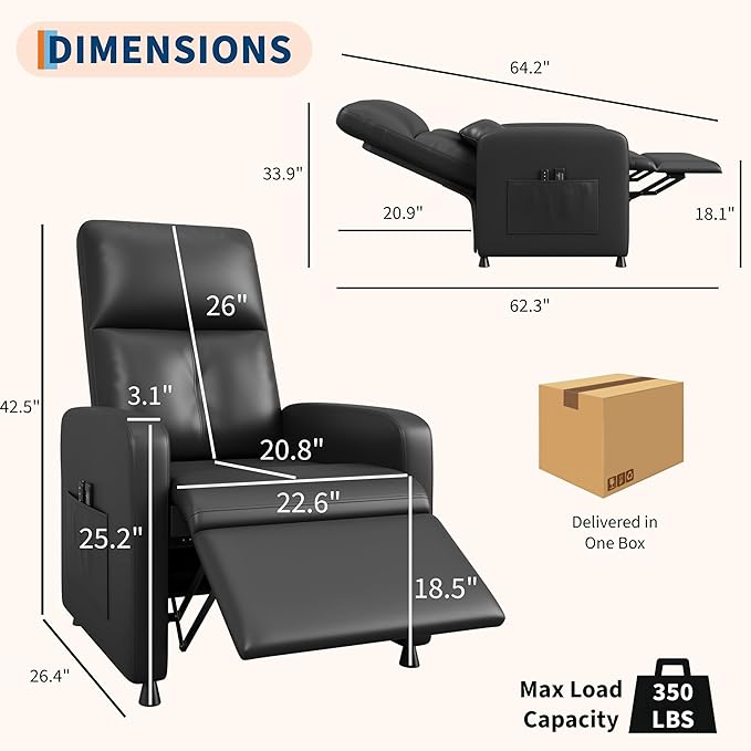 Power Recliner Chair Electric Recliner with Memory Function &amp USB Port Overstuffed PU Leather Living Room Chair with Side Pockets Ergonomic Home Theater Seating Black