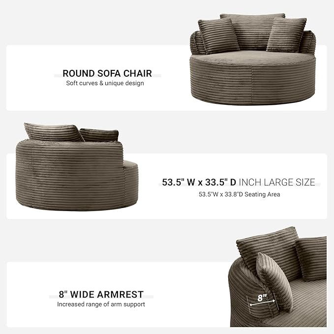 Oversized Round Lounge Chair Indoor Corduroy Upholstered Deep Seat Cloud Circle Sofa Chair Fluffy Boneless Sleeper Chair for Reading &amp Lounging No Assembly Required (Camel)