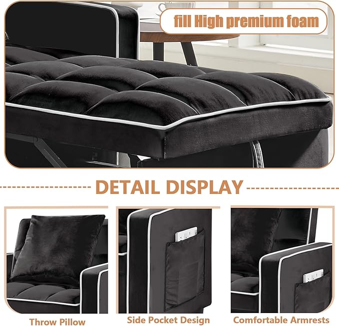3 in 1 Convertible Sleeper Chair Bed Modern Velvet Pull Out Sofa Bed Single Sleeper with Adjustable Backrest/Pillow/Side Pockets for Living Room Bedroom Apartment Small Space(Black)