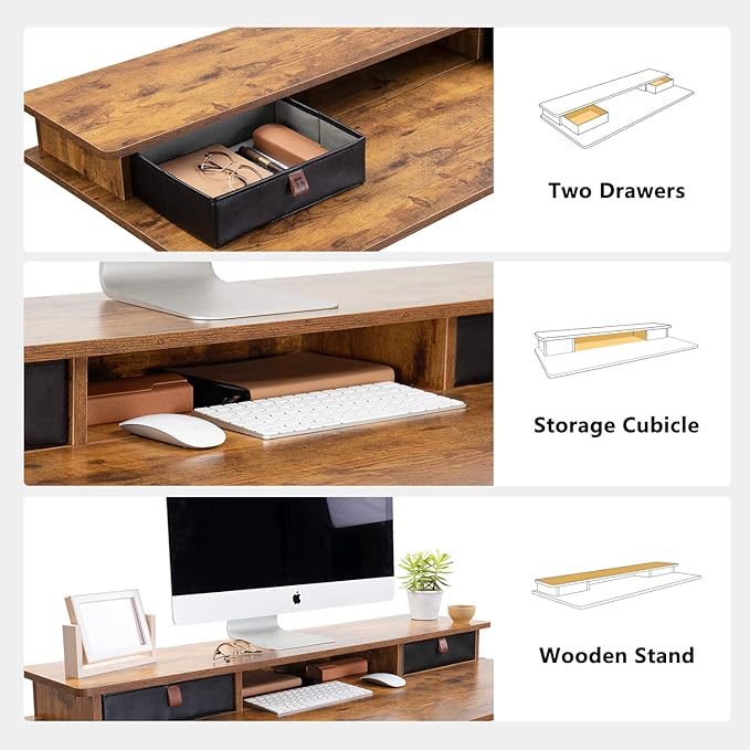 CubiCubi Electric Standing Desk with Double Drawers 55x24 Inch Height Adjustable Sit Stand Desk with Storage Shelf Home Office Computer Workstation Rustic Brown