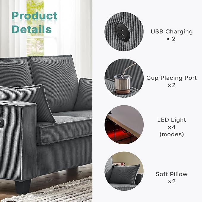 2-in-1 Pull Out Sofa Bed 88 Queen Size Sleeper Sofa Corduroy Convertible Loveseat Sleeper for Living Room Guest Room Apartment Home Office（Grey）