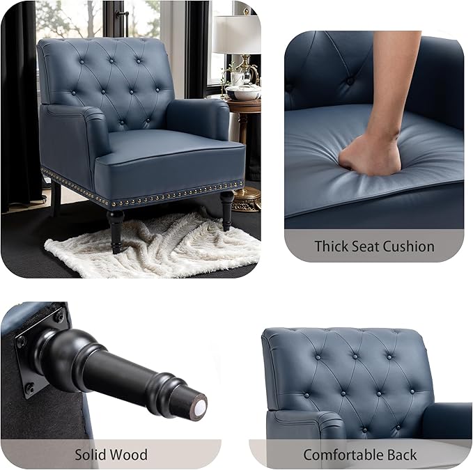 MOJAY Faux Leather Accent Chair Set of 2 Mid-Century Modern Living Room Chair Lounge Study Sofa Chair with Sturdy Wood Legs Club Chair Armchair for Bedroom Home Study Reception (DarkBlue)
