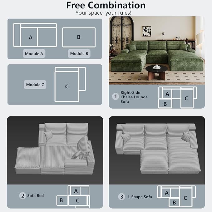 107 Cloud Sectional Couch U-Shaped Chaise with Ottoman Corduroy Boneless Couch for Living Room Bedroom Deep-Seat Upholstered Modular Cloud Sofa No Assembly Required (Green Right Facing Chaise)
