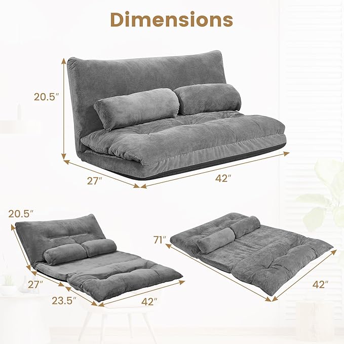 KOMFOTT Foldable Floor Lazy Sofa with 2 Pillows 6-Position Adjustable Reclining Sofa Sleeper Bed Convertible Futon Couch Bed Floor Couch Lounge for Relaxing Reading Playing Gaming (Grey)