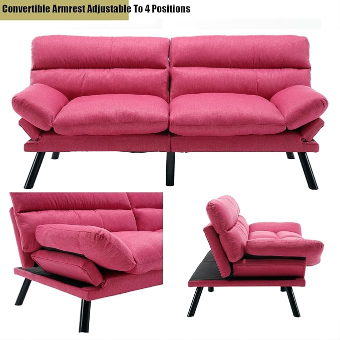 70“Futon Sofa BedConvertible Folding Futon Couch Breathable Small CouchUpholstered Double Loveseat Bed for Compact Living Studio in Room and BedroomOfficesFamilyDorm (Rose Red Linen)