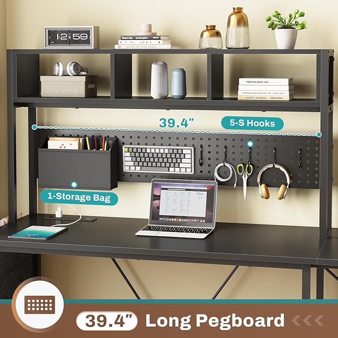 SEDETA L Shaped Gaming Desk with Hutch 57.5” Reversible Corner Computer Desk with Storage Shelves Gaming Desk with Pegboard LED Lights Power Outlet Keyboard Tray and Storage Bag Black