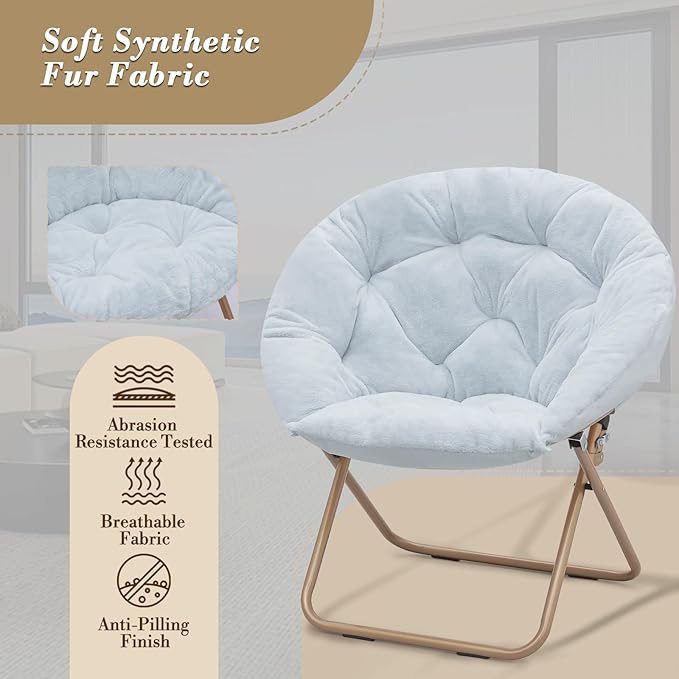 Athena Collection Round Saucer Chair with Ottoman Set of 2 for Adults Oversize Comfy Cozy Faux Fur Folding Reading Chair with Metal Leg Lazy Relaxing for Living Room Bedroom Dorm Apartment Blue
