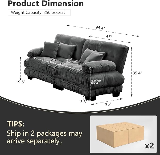 Oversized Modular Sectional Sofa 94.4 Inch Comfy Chenille Cloud Couches for Living Room Office Loveseat Sofa with 4 Pillows Square Handrail Gray