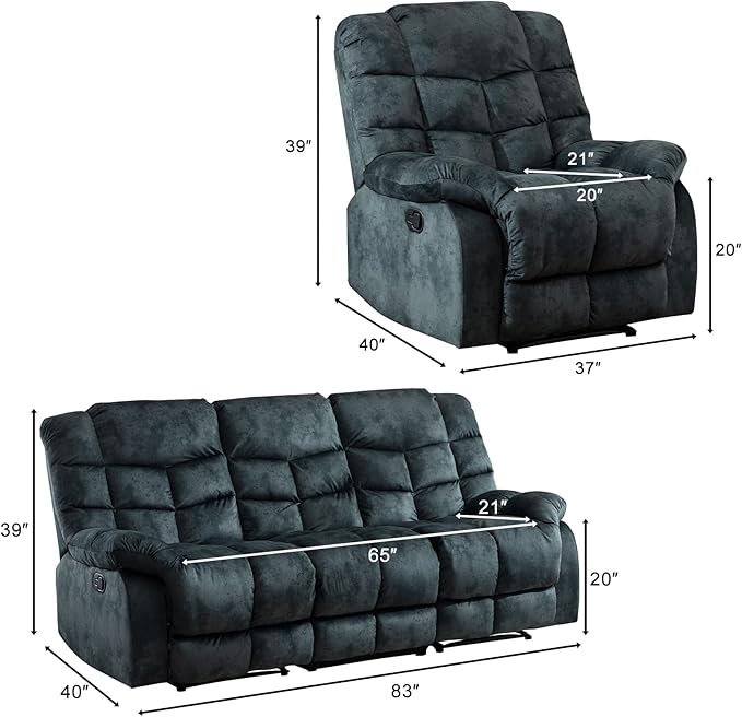 EBELLO Manual Recliner Sofa Set Soft Fabric Reclining Living Room Set Included Single Recliner Chair and 3PC Bonded Manual Recline Sofa Grey Green