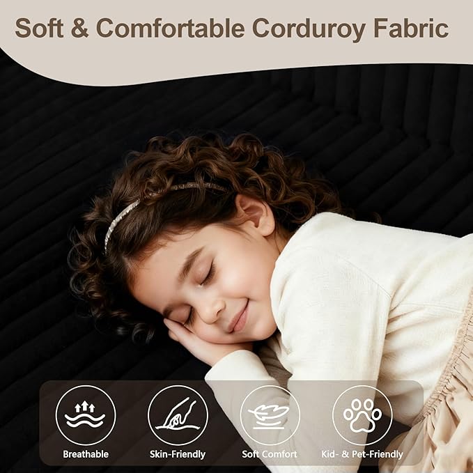 110 Boneless Couch with 2 Ottomans Corduroy U-Shaped Modular Cloud Sofa with Deep Seats Ergonomic Memory Foam Couches for Living Room No Assembly Sectional Sofas 5 Seater Black