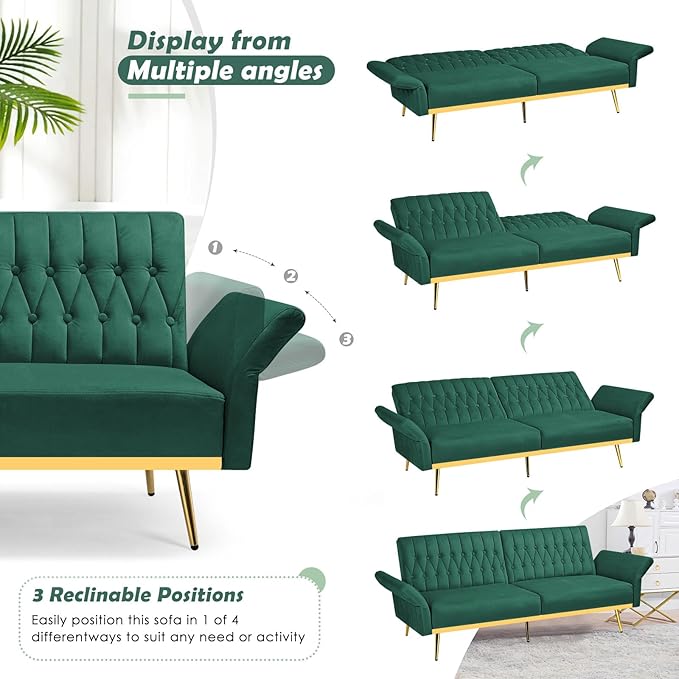 70 Velvet Futon with Adjustable Backrest and Armrests Sofa Bed with Extra Pillows for Waiting Room Living Room and Office Green