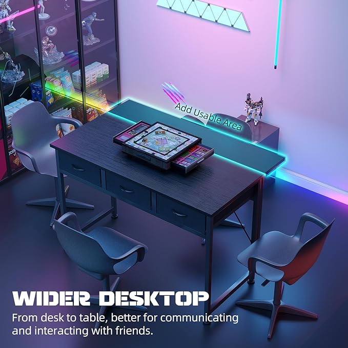 MUTUN Computer Desk with Drawers 40 Inch Computer Desk with Power Outlet &amp LED Light Gaming Desk with Adjustable Monitor Stand &amp Pegboard Modern PC Study Writing Table for Bedroom Black