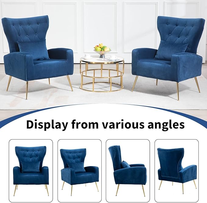 X-VOLSPORT Button-Tufted Velvet Accent Chairs Set of 2 Mid Century Modern Living Room Chair with High Wingback Upholstered Arm Chair with Metal Gold Legs for Bedroom Club Navy Blue