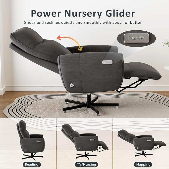 Power Swivel Recliner Chair Modern Electric with USB &amp Type-C Ports Upholstered Velvet Swivel Recliner Chair 360° Swivel for Office &amp Living Room Easy Assembly (Dark Gray)