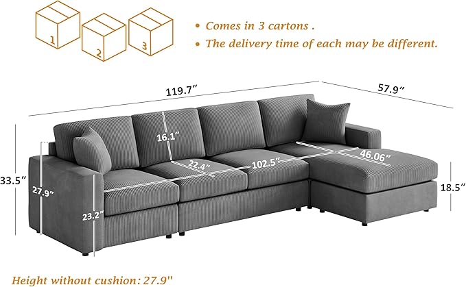 VANOMi 119 L-Shaped Sectional Sofa with Reversible Chaise Modern Corduroy Couch with Deep Seats 4-Seater Upholstered Sofa for Living Room or Apartment Dark Grey