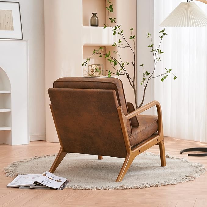 Mid Century Modern Accent Chair with Wood Frame Upholstered Living Room Chairs with Waist CushionLounge Reading Comfy Arm Chair for Living RoomEasy AssemblyRusty