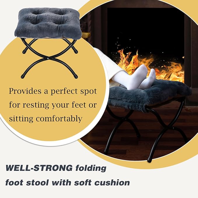 15 Foldable Foot Stool Ottoman with Metal Frame - Washable Faux Fur Navy Upholstered Indoor/Outdoor Footrest for Living Room Bedroom Patio - Space-Saving Compact Design
