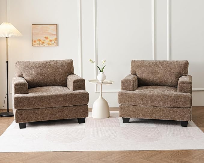 Oversized Accent Chairs Set of 2Large Armchair with Armrest OrganizerDeep SeatBig Reading ChairComfy Living Room ChairsSofa Chair for BedroomChenilleBrown