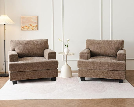 Oversized Accent Chairs Set of 2Large Armchair with Armrest OrganizerDeep SeatBig Reading ChairComfy Living Room ChairsSofa Chair for BedroomChenilleBrown