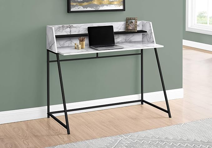 Penau Computer Desk for Home Office Contemporary Design 48l White Marble Look Laminate with Black Metal Base