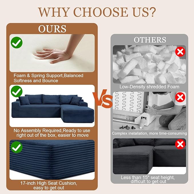 108 Cloud Modular Sectional Couch with Moveable Ottoman Modern Minimalist Upholstered Boneless Couch Deep Seat Corduroy Corner Couches (Blue 108 Left Facing Chaise + Ottoman)