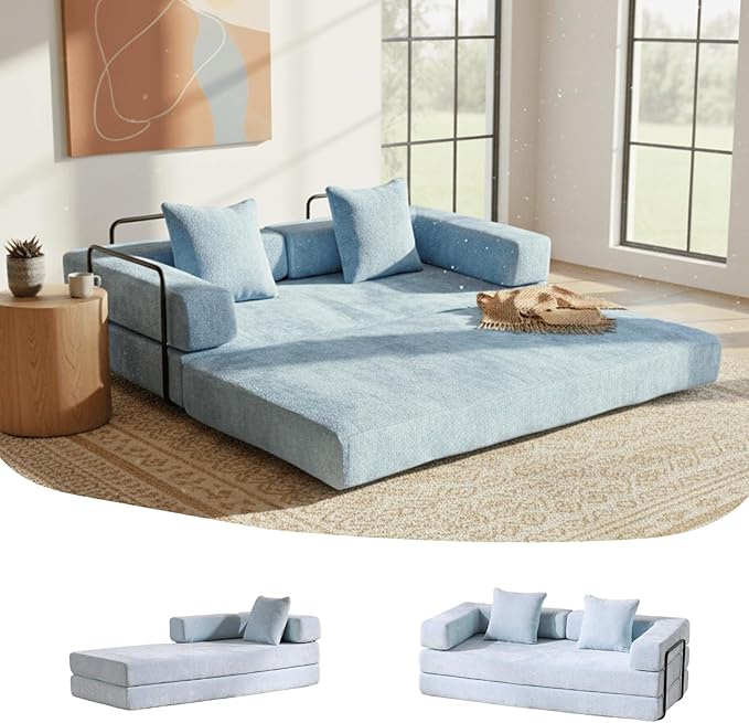 4-in-1 Folding Convertible Sofa Bed 77 Floor Couch with Pillow - Chenille Fabric &amp High-Density Sponge &amp Fixed-Shape Frame Modular Sofa for Living Room/Lounge/Studio Blue