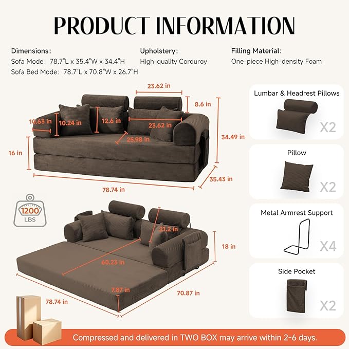 79 Corduroy Sofa Bed Sleeper Couch 6-in-1 Convertible Boneless Floor Futon Loveseat High-Density Foam Couch in a Box with 2 Headrest Pillows No Assembly Brown
