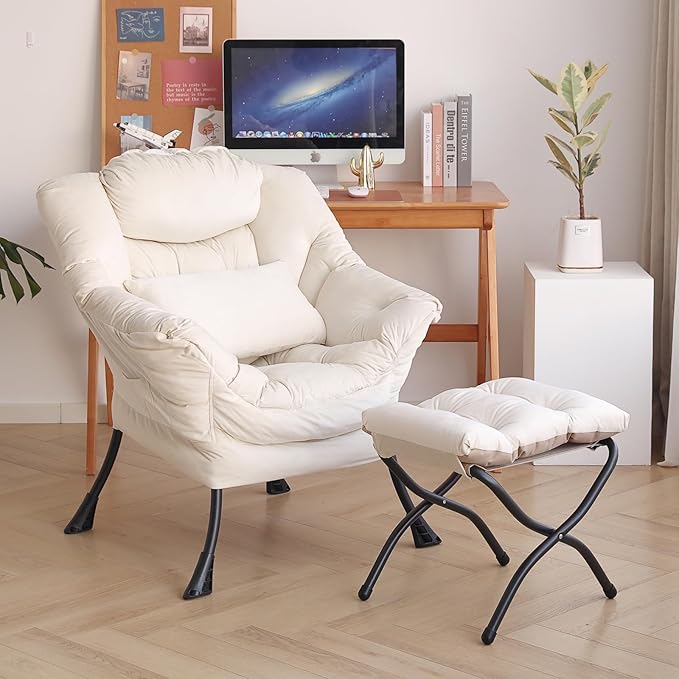 Lazy Chair with Ottoman Modern Accent Chair with Lumbar Pillow Velvet Beige Sofa Armchairs with Folding Footrest Oversized Supportive Chairs for Bedroom Reading