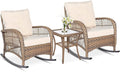 VIVIJASON 3-Piece Outdoor Conversation Bistro Set Patio Wicker Rocking Chairs Rattan Furniture Sets w/ 2 Rattan Chairs Cushions Glass Top Side Table for Garden Porch Backyard