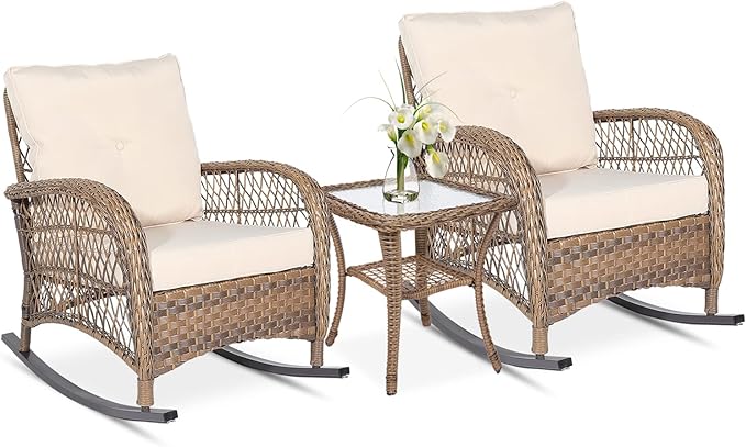 VIVIJASON 3-Piece Outdoor Conversation Bistro Set Patio Wicker Rocking Chairs Rattan Furniture Sets w/ 2 Rattan Chairs Cushions Glass Top Side Table for Garden Porch Backyard